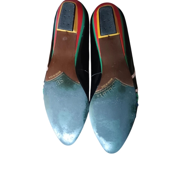 Vintage 80s Selby Black Patent Leather W Colorful Geometric Design 8 Narrow - Picture 7 of 10